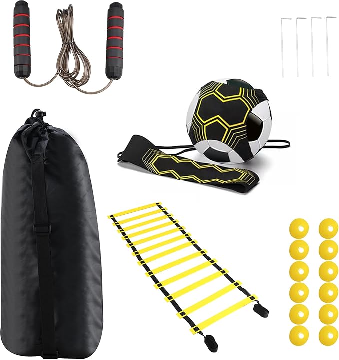 Geeyae Soccer Agility Training Equipment Set, Speed Training Equipment, Including 1 Agility Ladder, 12 Disc Cones, 1 Solo Soccer Trainer, 1 Jump Rope, 4 Steel Stakes and 1 Carrying Bag