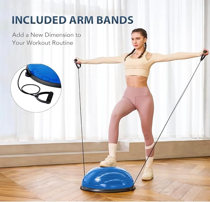 Balance Ball Trainer with Resistance Bands and Foot Pump, Inflatable Yoga Ball for Home Gym Workouts, 23 Inch Exercise Half Ball for Balance Training Core Strength Fitness More, 330lb Cap
