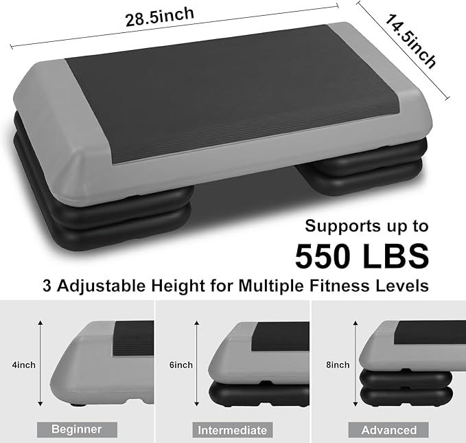 4''-6''-8''Adjustable Aerobic Stepper w/4 Risers Health Workout Step Platform for Sports & Fitness