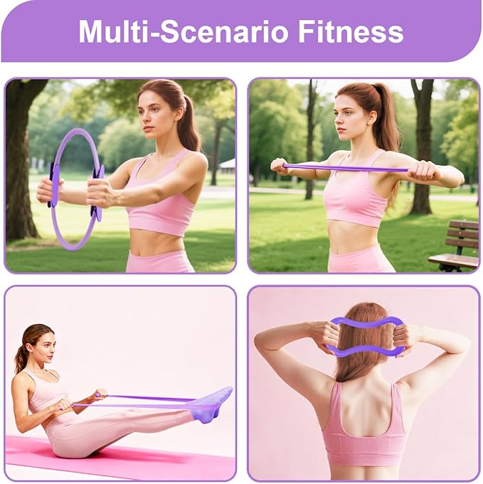 Pilates Essentials Kit for Women, Home Pilates Kit with 12.9" Ring and 9.8" Mini Ball, 4 Fabric Loop Bands, Figure-8 Band, Stretch Strap, Jump Rope, Carry Bag
