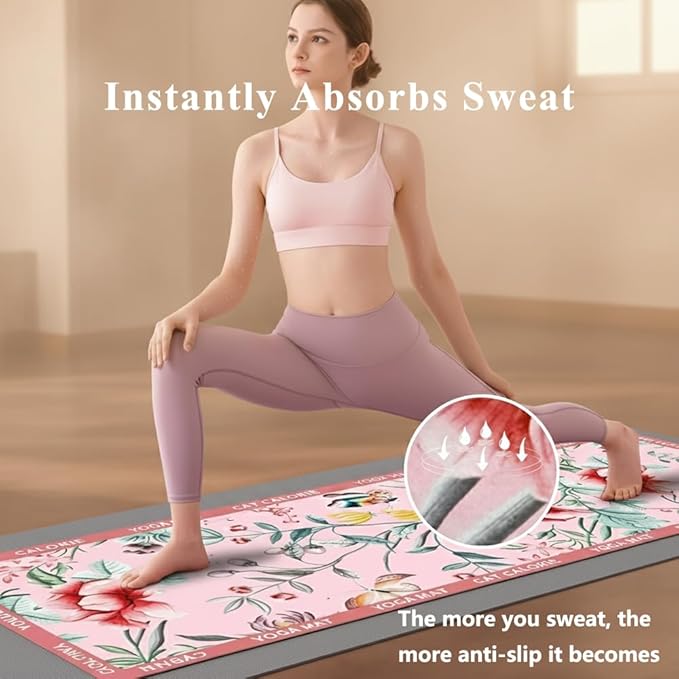 Hot Yoga Mat Towel for Women | Non-Slip Natural Rubber Backing | 72"x26.7" Absorbent Suede Microfiber & Floral Design | Lightweight & 1mm Thin for Pilates, Gym, Travel
