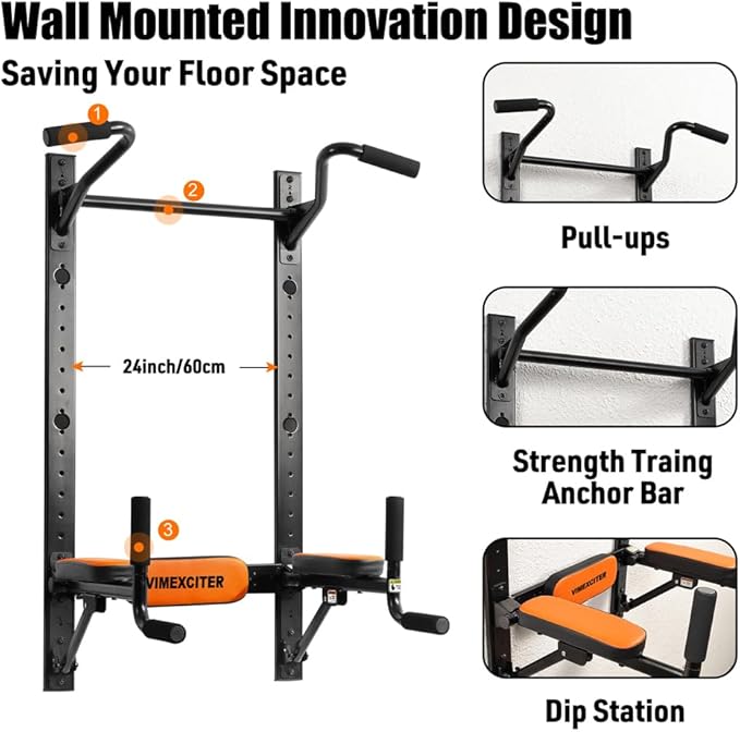 Wall Mounted Foldable Dip Station Pull Up Bar for Home Gym, Multi-Function Fitness Rack, Strength Training Dip Stands, Resistance Band Tube Organizer