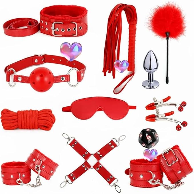 Novelty 12 Piece Leather Multi-Purpose Pilates Training Set (Red), Indoor Hip and Wrist Sports Fun Dice Accessories, Couple Gift