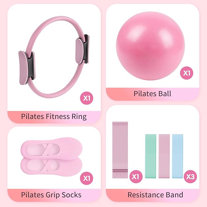 Pilates Essential Kit - Complete Portable Fitness Equipment Set with Toning Ring, Resistance Bands, Loop, Soft Ball & Grip Socks (Pink)