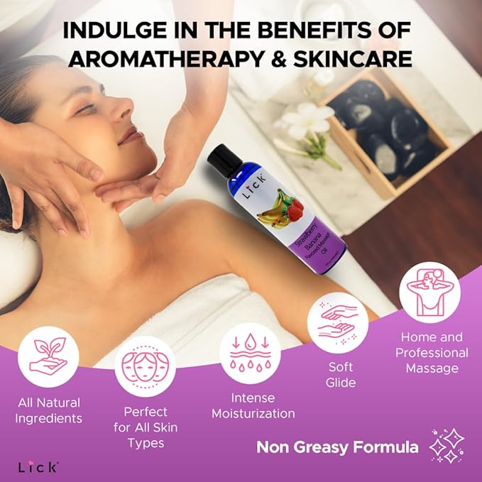 Lick Strawberry Banana Flavored Massage Oil – Sweet Creamy Fruit Edible Massage Oil with Vitamin E, Smooth Body-Safe Glide for Couples Massage & Relaxation, 4 oz