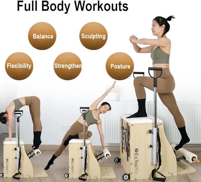 EchoMe Plates Combo Chair with Handles, Split-Pedal Stability Pilates Chair,Yoga Fitness Trainer, Pilates Reformer Machine, Pilates Equipent of Maple Wood for Home use and Studio Use