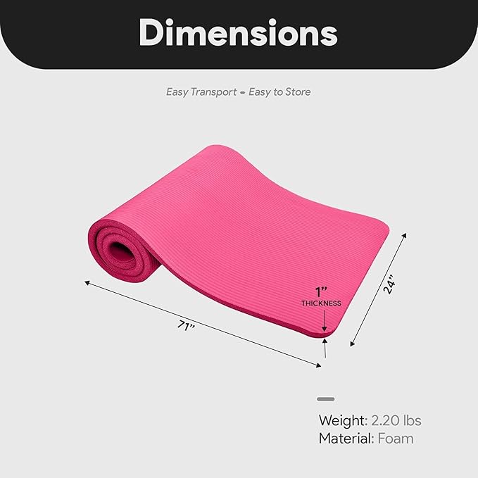 BalanceFrom 71x24 Inches Extra Thick Yoga Mat 1-Inch High-Density Foam – Roll-Up Exercise Pad with Double-Sided Non-Slip Surface and Carrying Strap for Pilates and Home Workouts, Multiple Colors