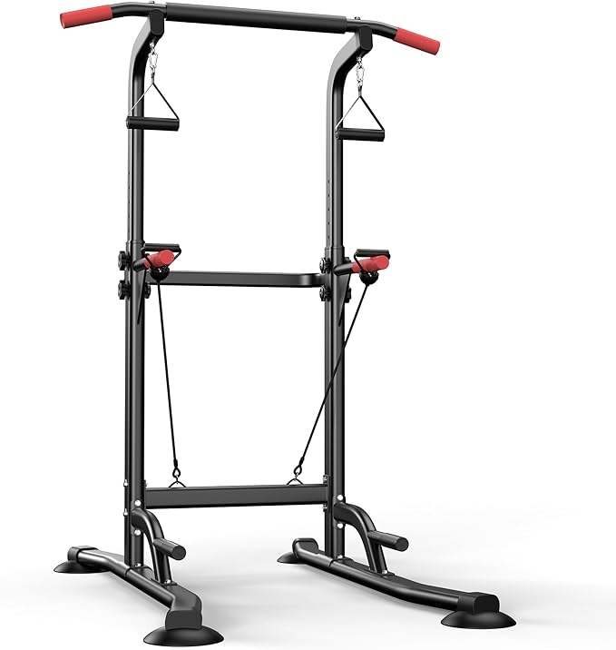 Power Tower Pull Up Bar Free standing with Resistance Bands, 350LBS Heavy Duty Alloy Steel Dip Station for Home Gym Strength Training, Adjustable Height Workout Equipment