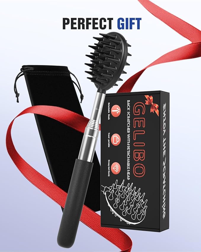 Gelibo Telescoping Large Back Scratcher with 5 Detachable Heads,Rubber Handles Gifts for Him, Gifts for Men, Extendable Back Massager Tool with Beautiful Box