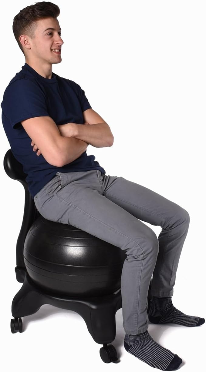Medicine Ball Office Chair for Adults/Tall Person/Pregnancy, Inflatable Balance Ball Chair Exercise Stability Yoga Ball with Roller Base, Students Classroom Sensory Ball Chairs, Black
