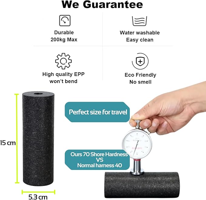 Mini Massage Foam Roller High Density - 100% Recycled Non-Toxic Material - Portable Pocket-Sized for Travel - Foot Arch,Legs & Arms Pain Target - Waterproof and Durable 15x6cm(Black)