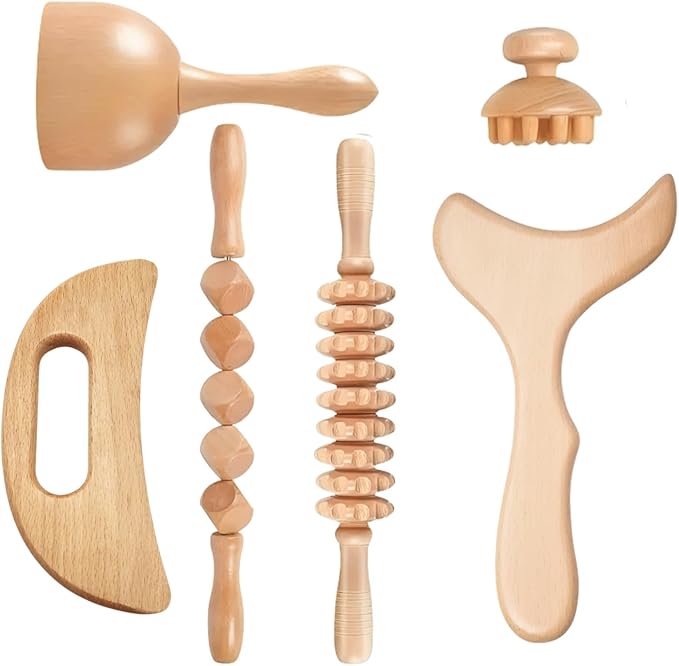 Wood Therapy Massage Tools Set 6-in-1 – Maderoterapia Lymphatic Drainage Massager Kit for Body Sculpting, Cellulite Reduction, Muscle Pain Relief, Body Shaping & Contouring for Home Spa Use