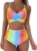 Womens Front Cross Ruched Bikini Set Twist Wrap Swimwear High Waisted Bottoms Print Straps Push Up Swimsuits