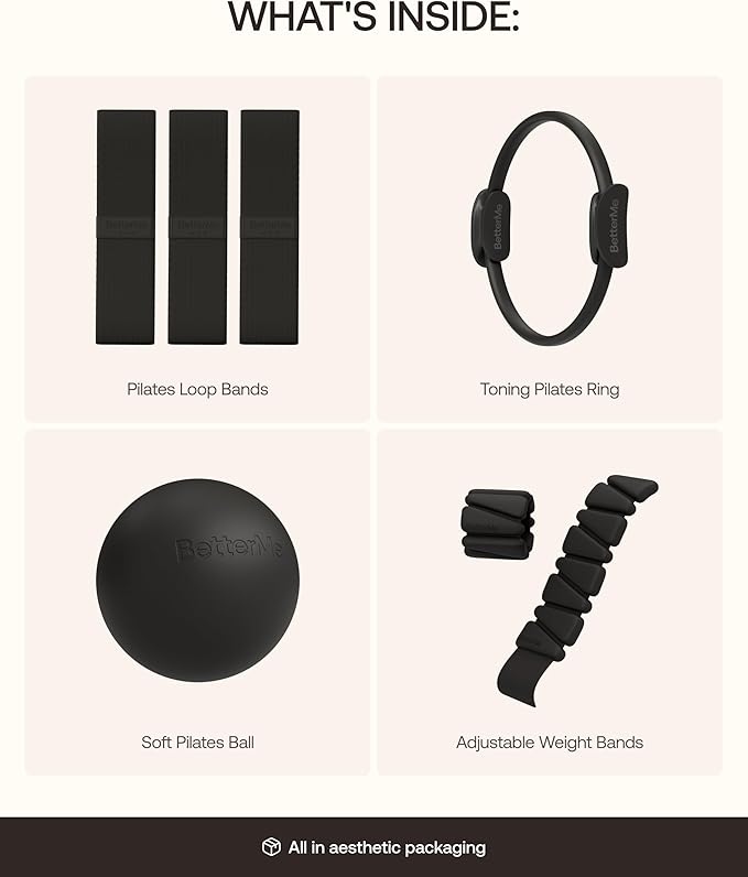 BetterMe Bubble Butt Kit – Pilates Ring, Weight Bands, Soft Ball & Loop Bands – Glute Training Pilates Kit for Women – Home Workout Pilates Equipment Set
