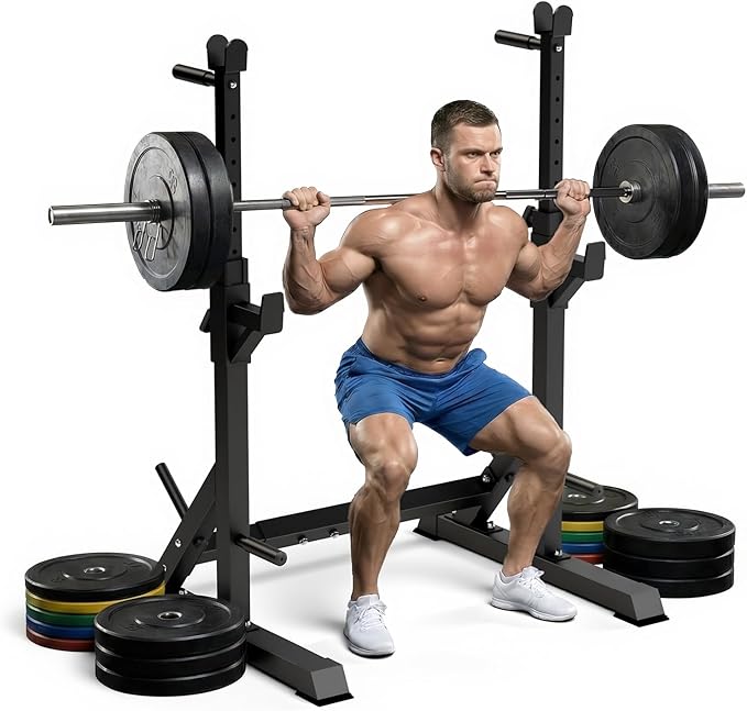 Adjustable Bench Press Rack Stand, 700lbs Heavy Duty Barbell Rack with Dip Station and Push Up Handles, Width Adjustable for 6ft 7ft 8ft Bars - Home Gym Strength Training Infrastructure