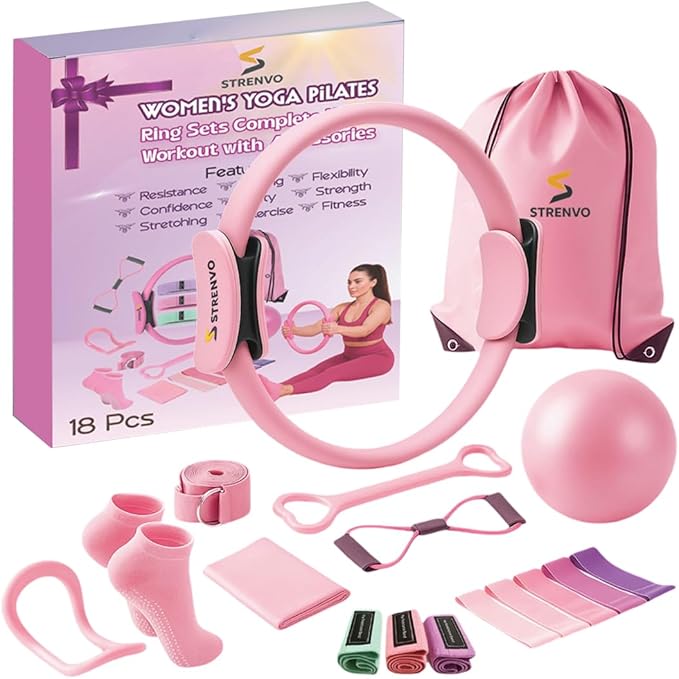 Yoga Pilates Ring Set for Home Workouts – 18 Pcs Fitness Kit for Women – Resistance & Toning Accessories with Circle Ring, Ideal for Full Body Toning & Flexibility