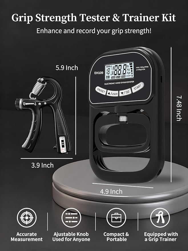 Grip Strength Tester Trainer Electronic Hand Dynamometer of 396lbs/180kg & Grip strengthener with Adjustable Resistance for Sports Home Gym with Digital Display Precision Training for Rehab Fitness