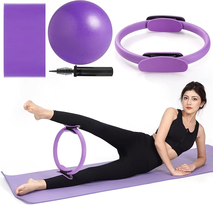 Tsikavo Pilates Ring, Pilates Ring Circle and Ball Set, 12 Inch Magic Circle Pilates Ring,9 Inch Small Exercise Ball,Resistance Bands Set, Home Pilates Equipment for Women