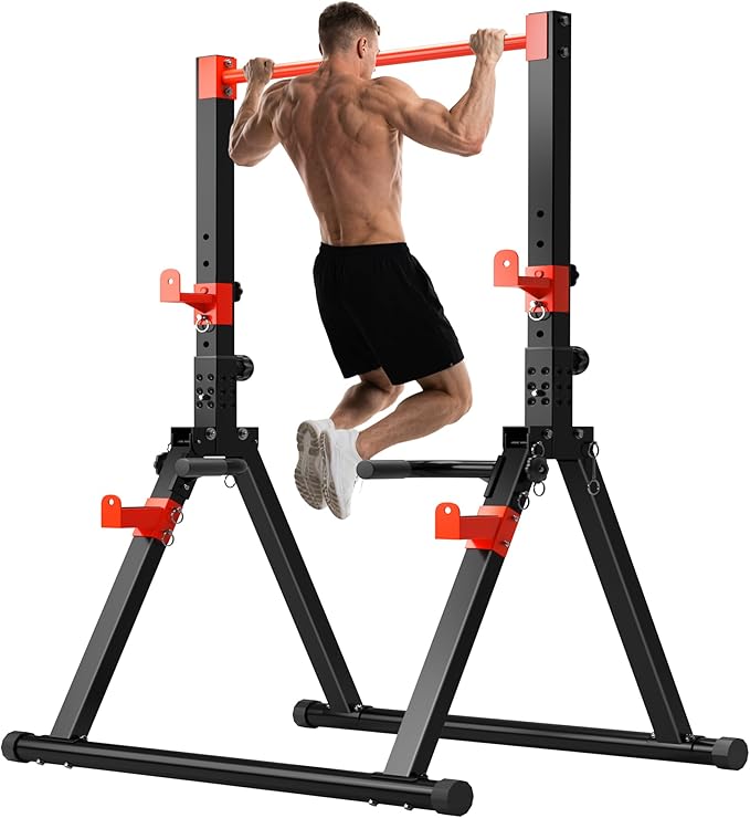 DlandHome Foldable Power Tower Pull Up Bar Dip Station, Adjustable Height Multifunction Workout Pull Up Tower Station for Home Gym, Strength Training Equipment, Triangular Legs, Up to 330lbs