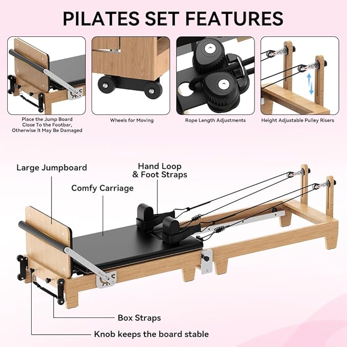 Foldable Pilates Reformer Machine, Quick-Assembly Studio Grade Pilates Reformer for Home and Gym, Pilates Equipment with Adjustable Resistance, Jump Board and Accessories
