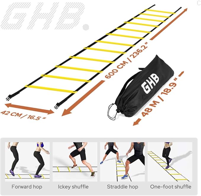 GHB Pro Agility Ladder 2 Pack Agility Training Ladder Speed 12 Rung 20ft with Carrying Bag (Yellow and Blue)