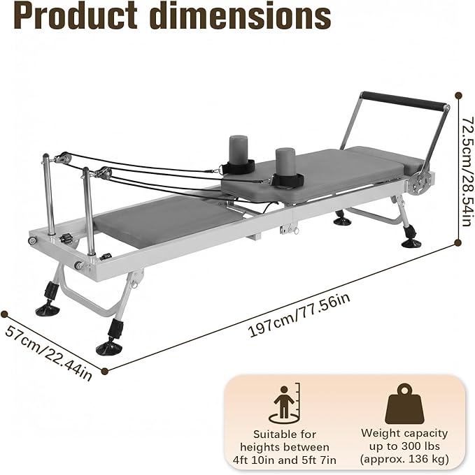 Generic 78 in Pilates Reformer with Springs Resistance Adjustable Fitness Equipment 300 LBS Capacity Smooth Glide Carriage Reformer for Home and Studio Use