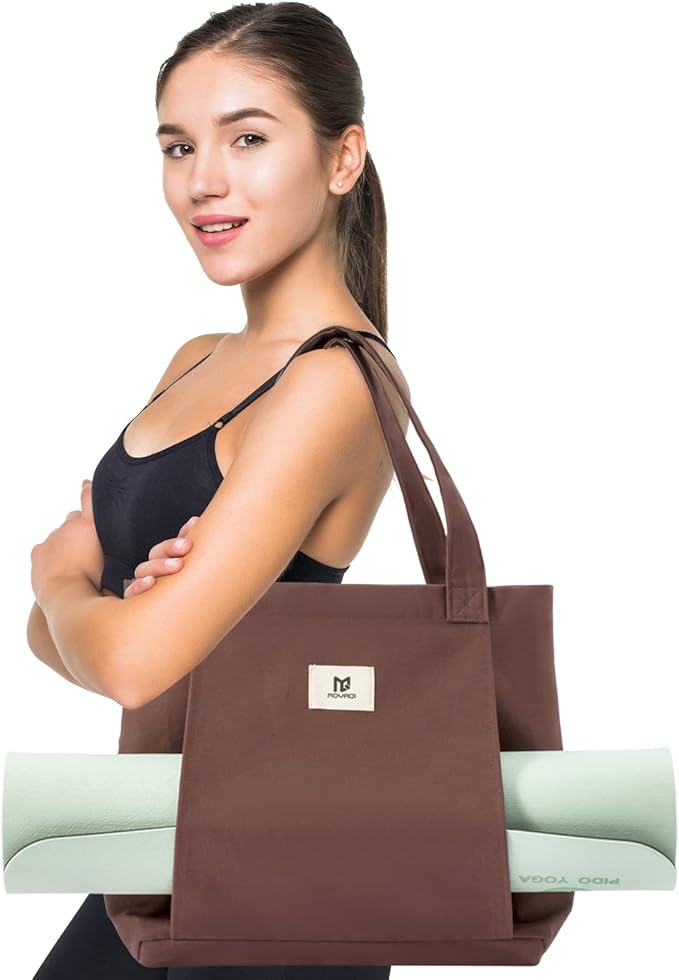 Moyaqi Canvas Tote Bag with Yoga Mat Carrier Pocket Carryall Shoulder Bag for Office, Workout, Pilates, Travel, Beach and Gym