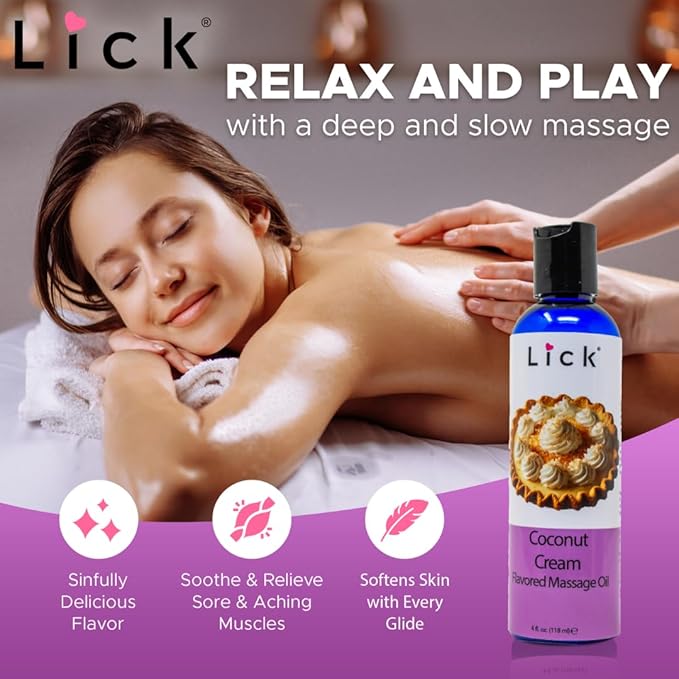 Lick Coconut Cream Indulgence Flavored Massage Oil – Vegan-Friendly, Non-Sticky, Tropical Scent, 4 oz