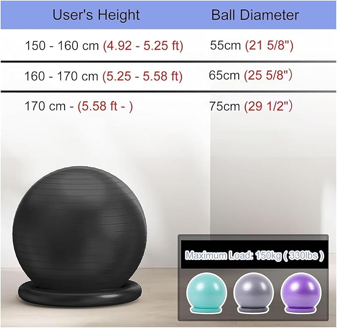 Yoga Ball Chair,Yoga Ball，Exercise Ball, Office Ball Chair with Base & Pump Stability Yoga Ball Seat for Back Pain Relief Home Gym Exercise Ball Chair for Core Strength Training(Black,Diameter 55cm (