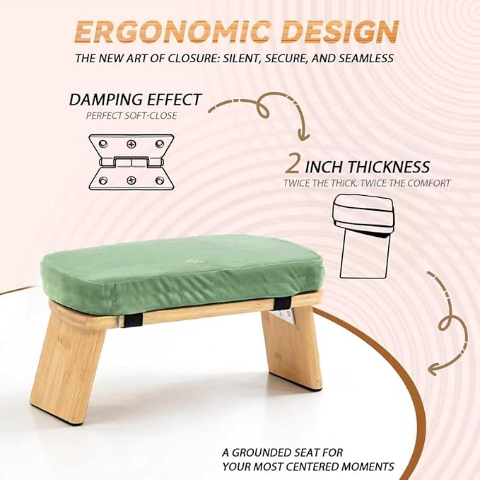 Meditation Bench, Bamboo Meditation Stool, Folding Kneeling Meditation Bench, Seiza Prayer Bench, Prayer Bench with Meditation Cushion, Kneeling Stool(Green-Bag)