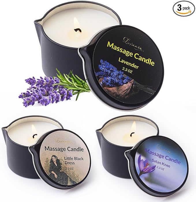 Massage Oil Candle 3 Pack, Amazing Gift Set, Warming Skin Moisturizing Body Lotion Oil, Soy Wax Low Temp Scented Candle 6.9 OZ (Lavender,Little Black Dress,Satan Knee)