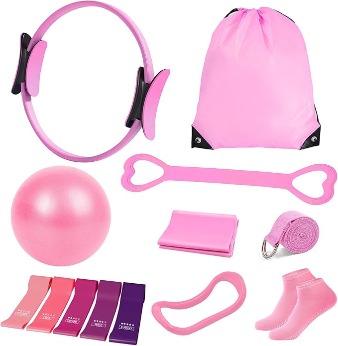 Pilates Kit for Women, Pilates Equipment with 13'' Magic Circle, Pilates Ring and Ball Set with 5 Strength Bands, Hip Thrust Belt, Compact Workout Set at Home