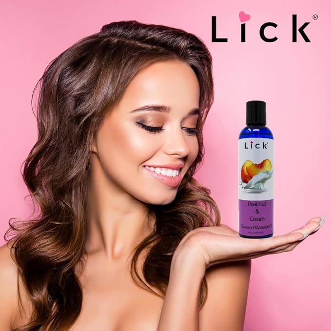 Lick Peaches and Cream Flavored Massage Oil – Sweet Dessert-Inspired Edible Massage Oil with Vitamin E, Smooth Body-Safe Glide for Couples Massage Nights, 4 oz