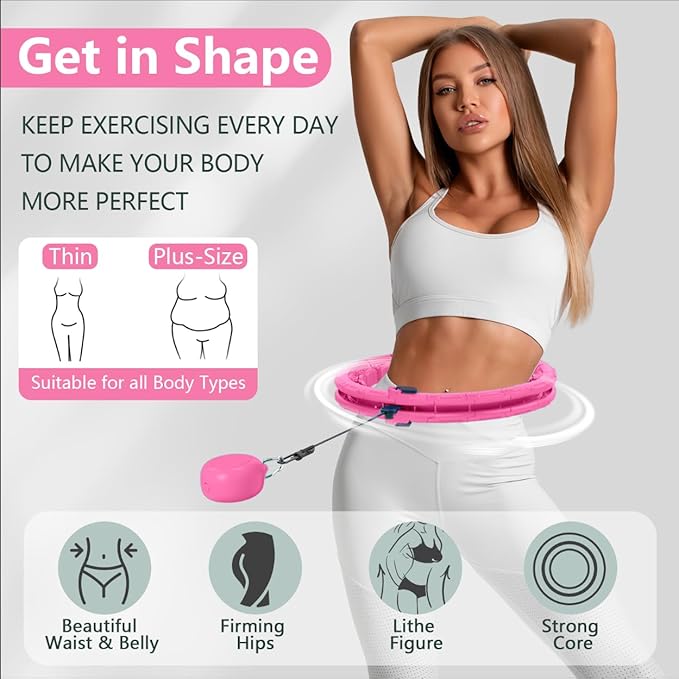 U1 Weighted Hula Hoop 30 Knots 19"-61" for Adults with Waist Trimmer Belt & Durable Wash Bag Bundle– Fitness Hoop for Exercise, Workout, Slimming & Home Gym, Light Pink