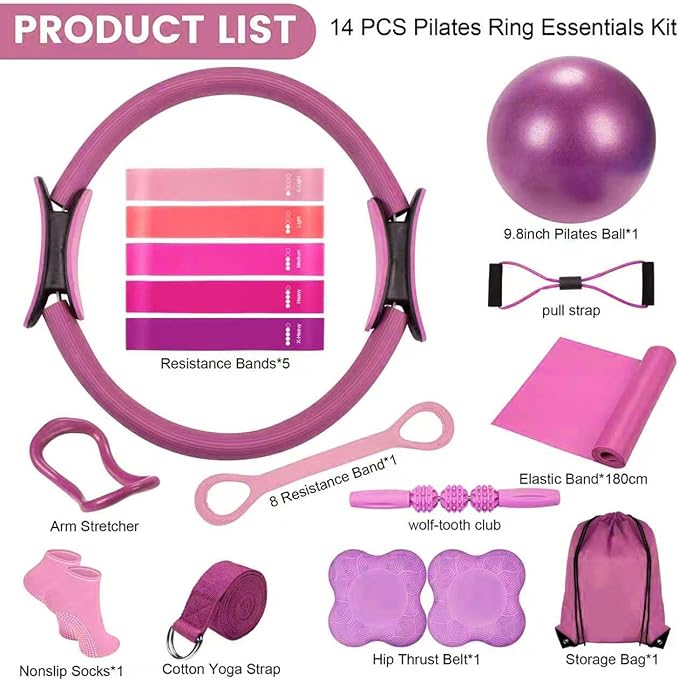 Pilates Ring Circle Fitness Set 17 pcs Equipment Accessories Workouts Includes Pilates Ball Magic Circle Yoga Ring Knee Pads and Resistance Bands for Women Set Gift for Women Weight Loss
