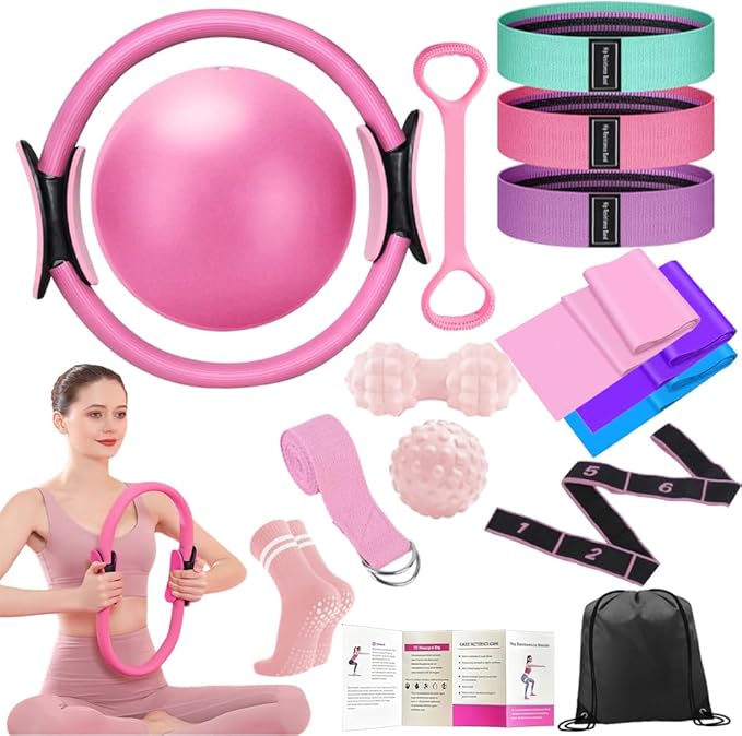 Pilates Ring Set with 14-Inch Magic Circle, Exercise Ball & 6 Resistance Bands - Complete Home Workout Equipment for Core Strength, Toning and Flexibility - Ideal Fitness Gift for Women and Men
