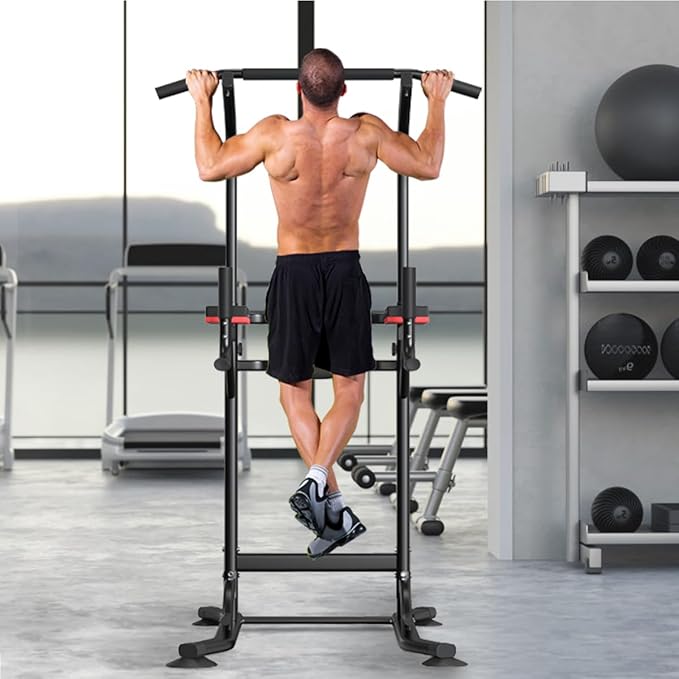 Pull Up Bar Station, Adjustable Multifunction Power Tower Dip Bar Station Home Gym Strength Training Workout Equipment for Pull-up Push-up Dips (Black-Classic).