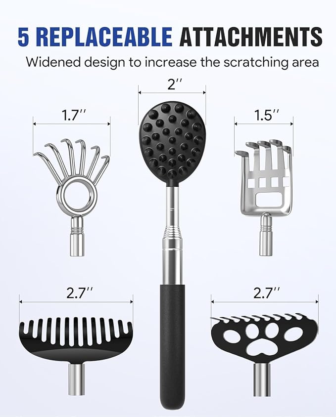 Gelibo Telescoping Large Back Scratcher with 5 Detachable Heads,Rubber Handles Gifts for Him, Gifts for Men, Extendable Back Massager Tool with Beautiful Box