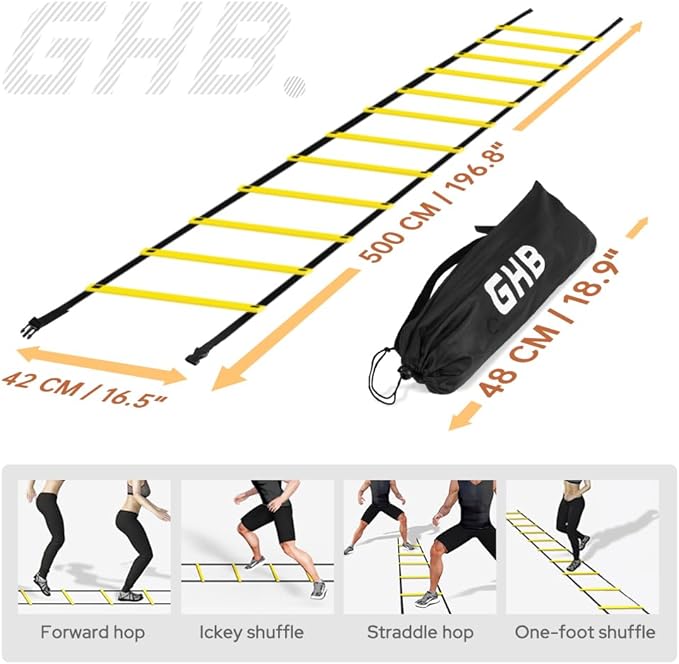 GHB Agility Ladder 1 Pack and 7 Inch 12 Pack Soccer Cones 2 Carrying Bag