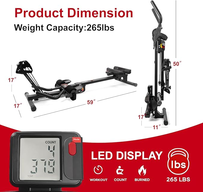 Tousains 3 in 1 Foldable Rowing Machine, AB Machine with 3 Level Angle & Led Monitor, Multi-Functional Rower Fitness Equipment Home Gym Full Body Fitness Machine