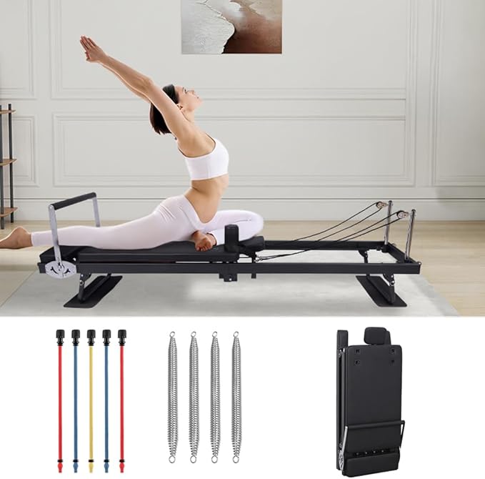 Foldable Pilates Reformer for Home Use - Pink Reformer Pilates Machine with Springs,Pilates Pro Reformers Bed for Studio Apartment & Gym - Ideal for Beginners & Advanced Users