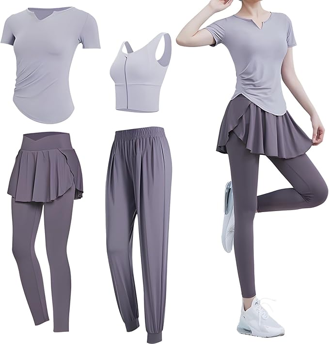 4-Piece Women'S Pilates Set, Includes Yoga Short Sleeve Top, Tank Sports Bra, Polyester/Spandex, Size Xxl For 135-150