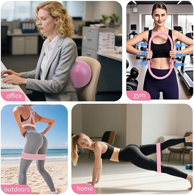 Pilates Ring Set, 14" Magic Circle, Long & Loop Resistance Bands, Soft Pilates Ball, Grip Socks,Puller, Home Workout Equipment for Women & Beginners to Tone, Flexibility & Core Strength (Purple)