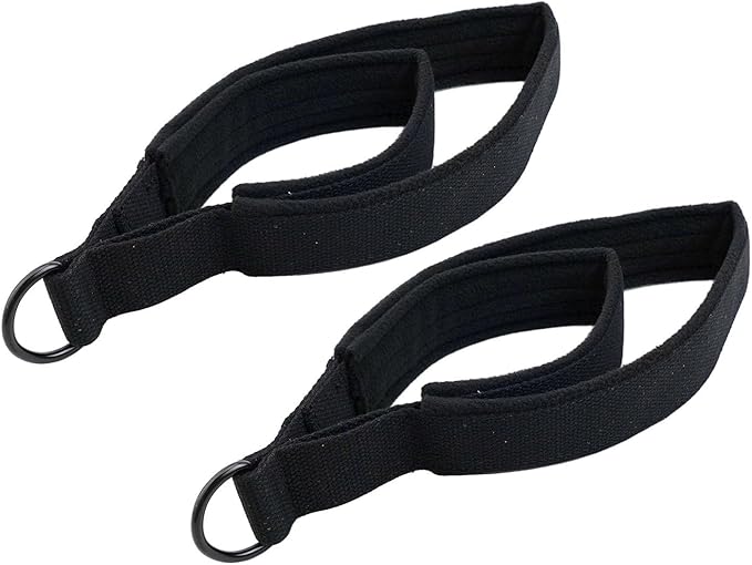 Double Loop Pilates Foot Straps for Reformer Fitness Equipment, 2 Pack Cotton Webbing Resistance Bands with D-Rings, Non-Slip Adjustable Foot Attachments, Black