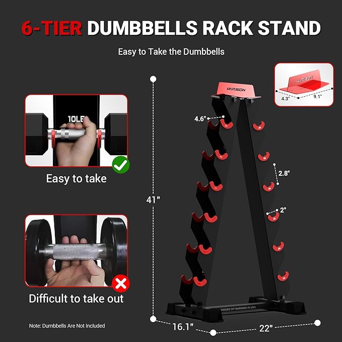 HARISON 6-Tier Dumbbell Rack Stand Only, A-Frame Design Weight Rack for Dumbbells, Strength Training Dumbbells Storage Rack for Home Gym (Dumbells not Included)