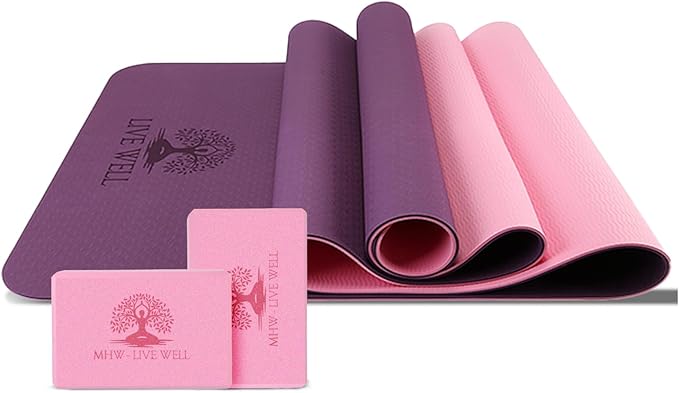 LIVE WELL Yoga Set for Women: 6mm Thick TPE Yoga Mat + 2 EVA Blocks, Pink - Best Yoga Mat, Exercise Mat for Home Gym