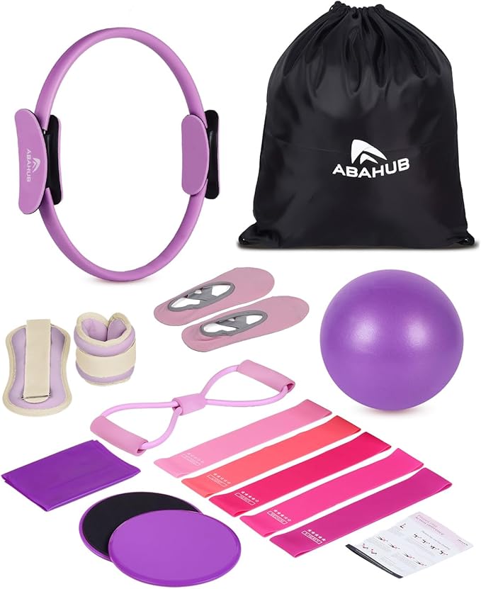 Abahub Pilates Ring Set, Home Workout Pilates Equipment, 14”Magic Circle, Yoga Ball, Resistance Bands, Sliding Disks, Socks, Fascial Ball, Workout Guide & Bag, Blue Set
