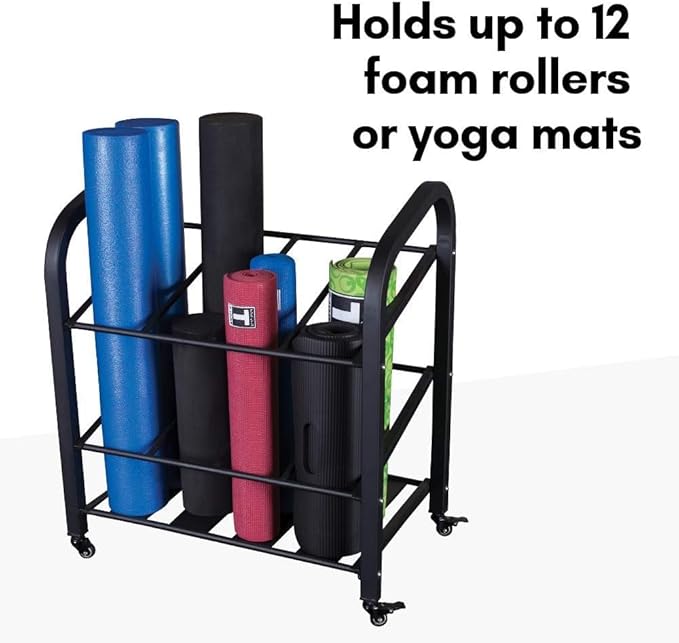 Body-Solid (GYR500 Foam Roller Storage Organizer and Yoga Mat Rack Holder with Lockable Wheels, Commercial and Home Gym Accessories Can Hold 12 Fitness Rollers and Mats