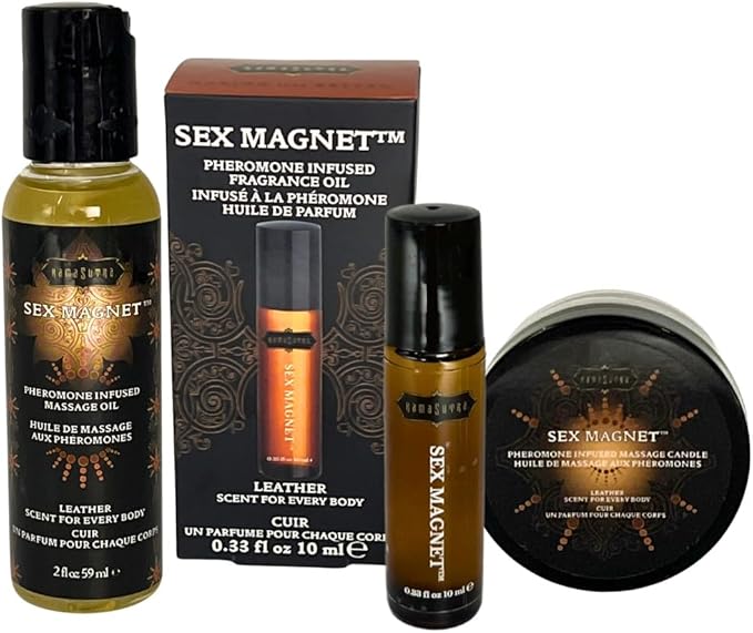 3 Piece Set Pheromone Infused Collection Set, Pheromone Infused Massage Oil - Unisex Leatherkam Scent - Massage Oil Candle, Roller Ball, Complete Pheromone Collection Set in Gift Tin (Leather)