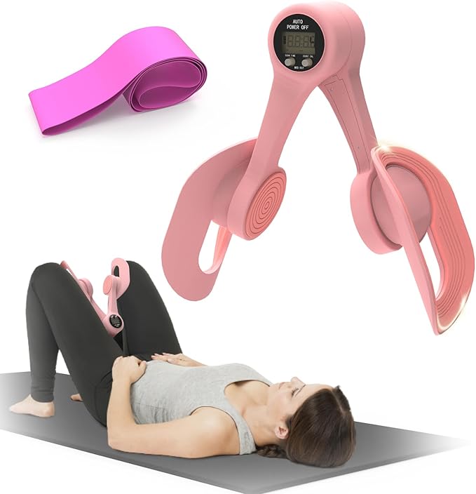 Thigh Trainer, 360°Adjustable Pelvic Floor Exercise Devices with LED Display, Inner Thigh Exerciser with 20LB Resistance Band for Women, Home Fitness Equipment for Hip, Leg, Arm, LightPink